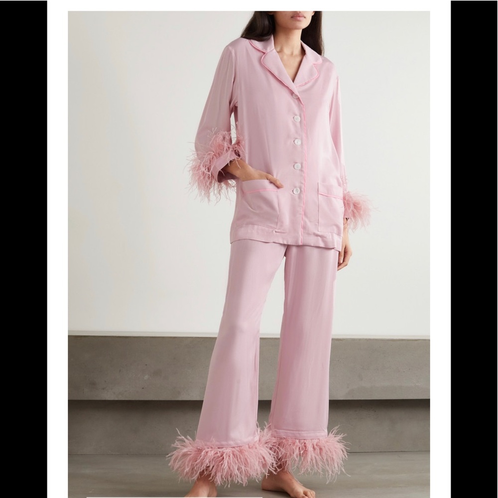 SLEEPER Feather-trimmed crepe de chine pajamas’